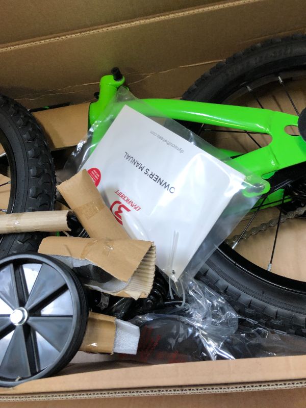 Photo 7 of 16" Boys Bike, Magna Rip Traxx, Green, with Training Wheels, ages 4-8. Box Packaging Slightly Damaged, Item is New. 
