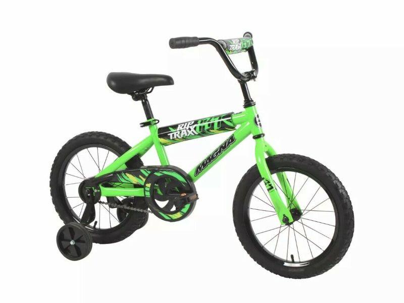 Photo 1 of 16" Boys Bike, Magna Rip Traxx, Green, with Training Wheels, ages 4-8. Box Packaging Slightly Damaged, Item is New. 
