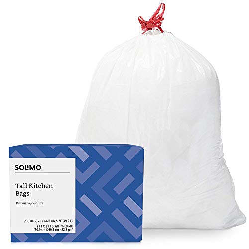 Photo 1 of AMAZON BRAND - SOLIMO TALL KITCHEN DRAWSTRING TRASH BAGS, 13 GALLON, 200 COUNT 