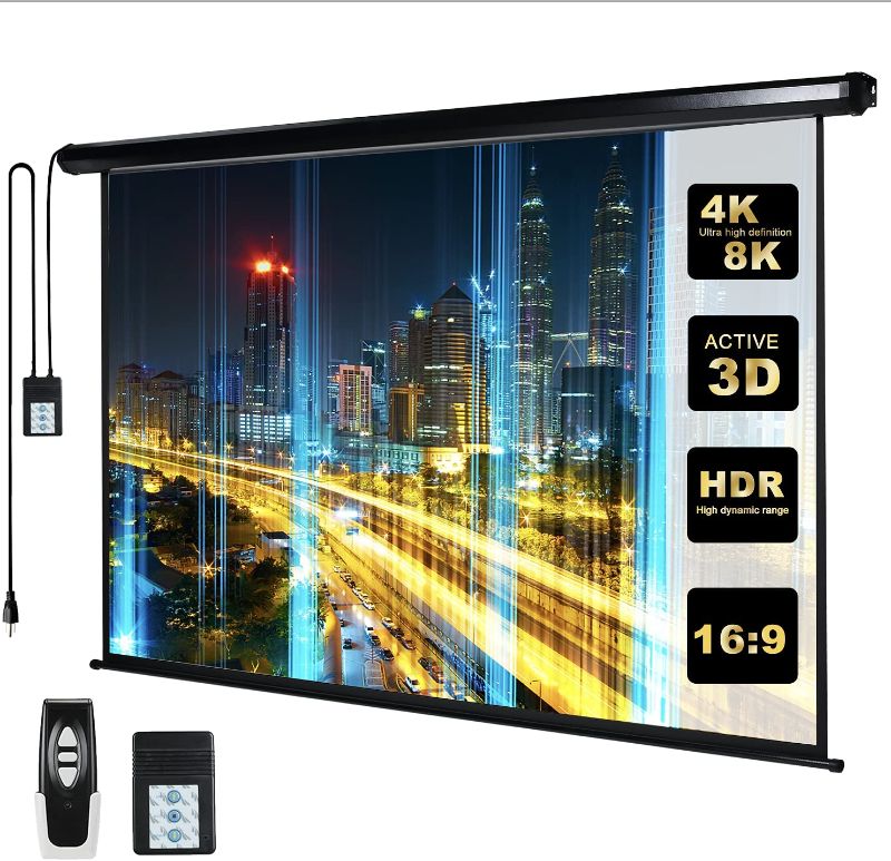 Photo 1 of 110" Motorized Projector Screen Electric Diagonal Automatic Projection 16:9 HD Movies Screen for Home Theater Presentation Education Outdoor Indoor W/Wireless Remote and Wall/Ceiling Mount (Black)
