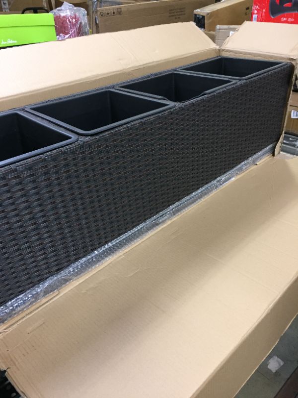 Photo 6 of Amazon Basics Wicker Trellis Planter with Inner Plastic Liner - Four Bucket, 50-Inch, Brown--------ONE OF THE CAN CANTAINERS IS BROKEN AND MISSING SOME HARDWARE -----------
