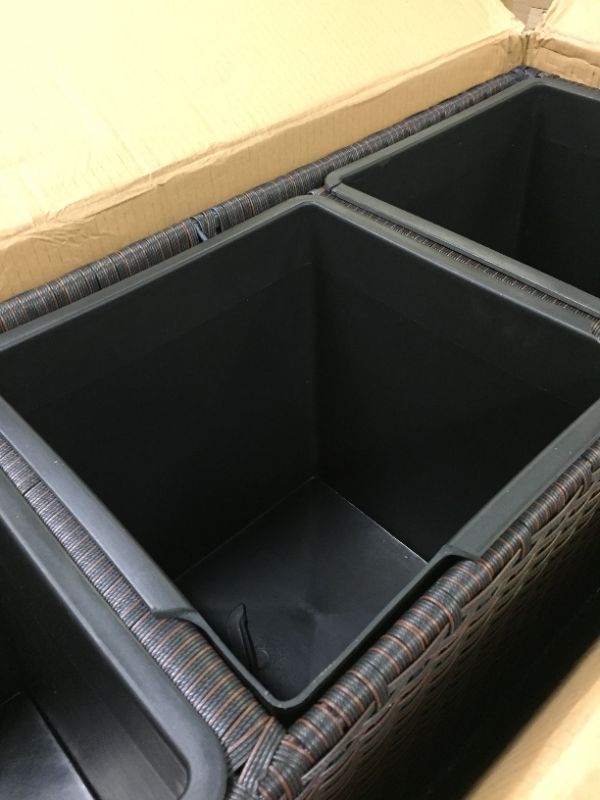 Photo 2 of Amazon Basics Wicker Trellis Planter with Inner Plastic Liner - Four Bucket, 50-Inch, Brown--------ONE OF THE CAN CANTAINERS IS BROKEN AND MISSING SOME HARDWARE -----------
