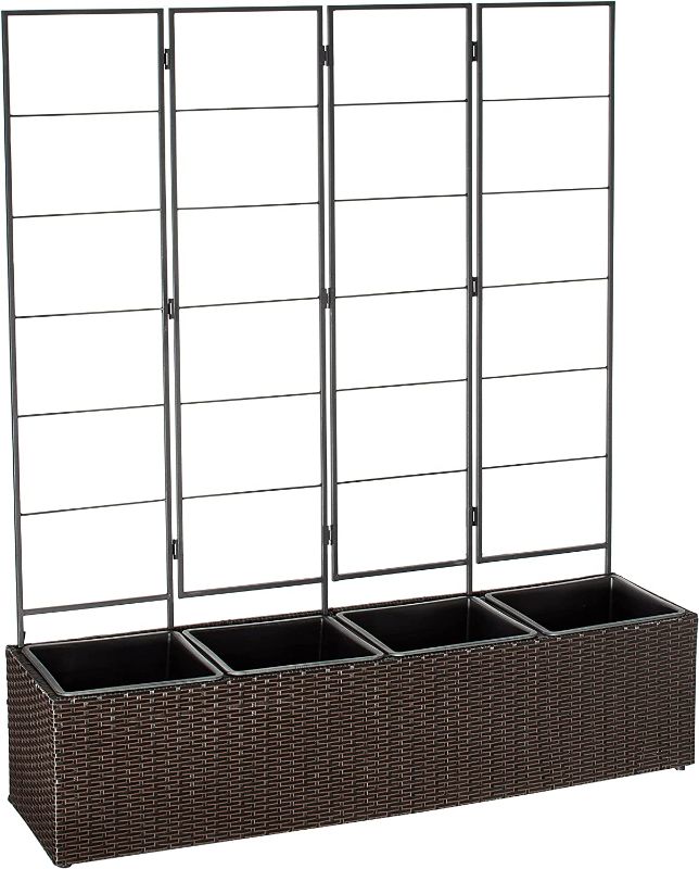 Photo 1 of Amazon Basics Wicker Trellis Planter with Inner Plastic Liner - Four Bucket, 50-Inch, Brown--------ONE OF THE CAN CANTAINERS IS BROKEN AND MISSING SOME HARDWARE -----------
