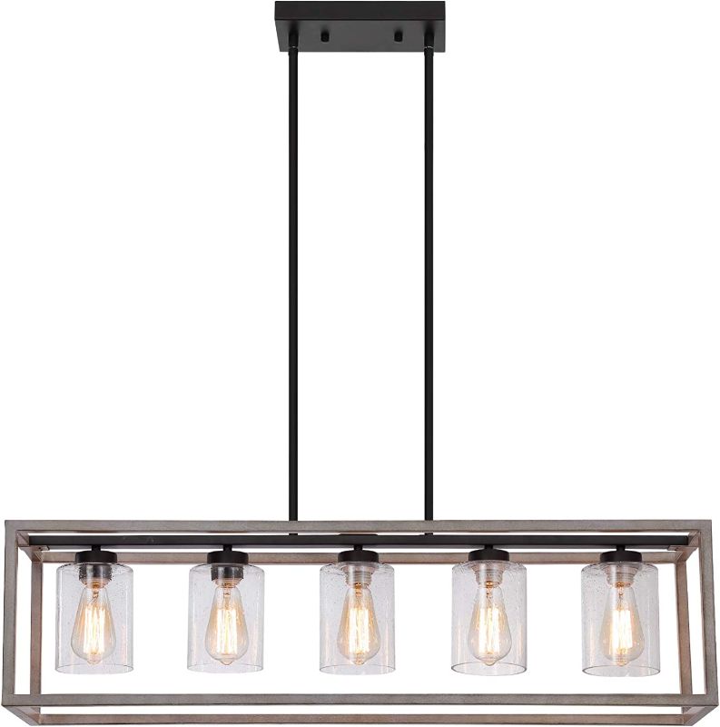 Photo 1 of Q&S Adjustable Rectangle Farmhouse Chandelier,ORB+Oak White Finish,5-Lights with Bubble Glass Shade,Vintage Rustic Island Light for Kitchen Dining Room
