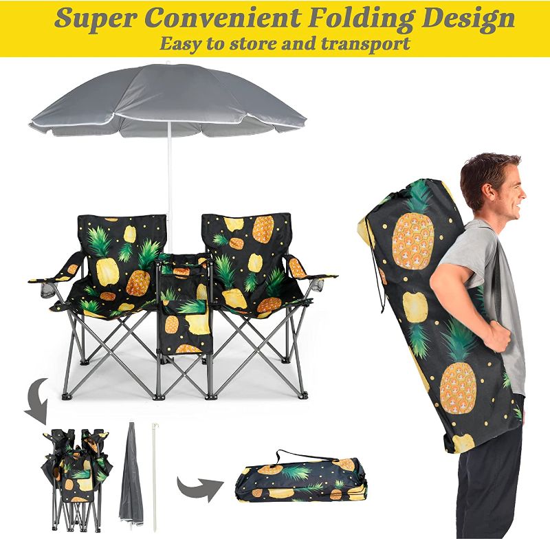 Photo 1 of DOALBUN Double Portable Picnic Chair Folding Camping Chair W/Umbrella Table Beverage Holder Carrying Bag Cooler Fold Up Table for Patio Pool Park Outdoor Beach Camping Chair (Pineapple)------THE CASE HAS A HOLE AND THE UMBRELLA BAR HAS A DENT ---------

