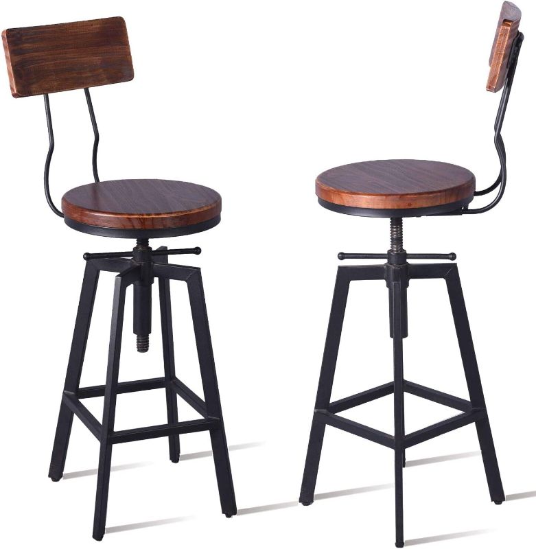 Photo 1 of Diwhy Industrial Bar Stool Wood Metal Bar Stool,Adjustable Height Swivel Counter Height Bar Chair with Backrest,Black,Fully Welded Set of 2 (Brown Wooden Top with Wooden Backrest)
