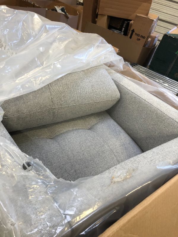 Photo 3 of Amazon Brand – Rivet Cove Mid-Century Modern Tufted Living Room Accent Chair, 32.7"W, Light Grey-------box is damaged but the item is ok ------put used only cause the box was damaged 
