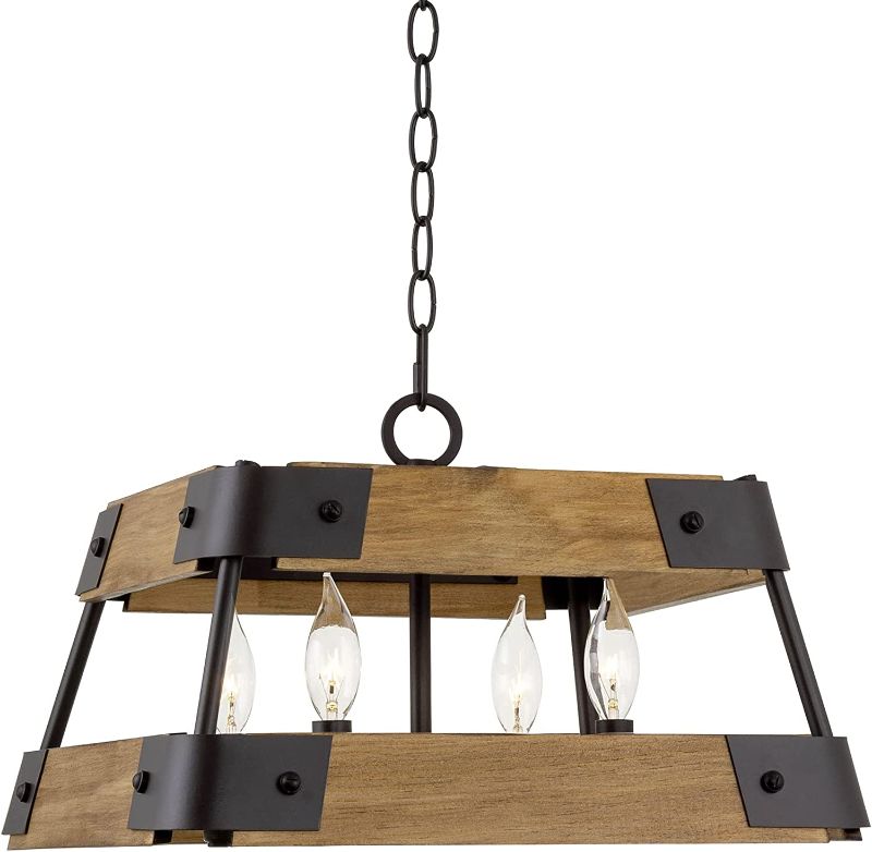 Photo 1 of Kira Home Griffin 16" 4-Light Farmhouse Pendant Light + Wood Panel Frame, Oil Rubbed Bronze + Russet Oak Style Finish
