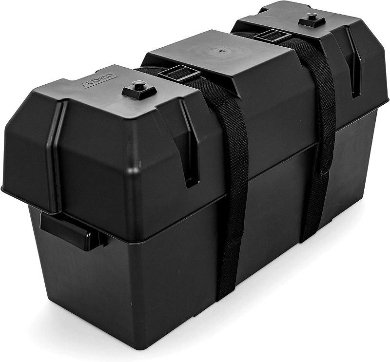 Photo 1 of Camco Heavy Duty Double Battery Box with Straps and Hardware - Group GC2 | Safely Stores RV, Automotive, and Marine Batteries | Measures Inside 21-1/2" x 7-3/8" x 11-3/16" | (55375)
