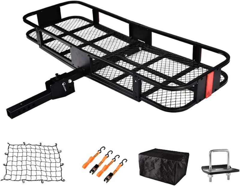 Photo 1 of  Hitch Cargo Carrier - Trailer Hitch Luggage Rack with Net, Waterproof Cargo Bag and 2 Reinforced Straps - Folding Car Hitch Mount Cargo Carrier L60 X W20 X H6 550lbs Capacity (Black)----MISSING PARTS ----SALE FOR PARTS ONLY ----VIEW PICTURES 
