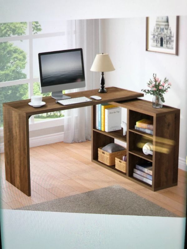 Photo 1 of HSH L Shaped Computer Desk, 360° Rotating Wood L Shape Desk with Storage Shelves, Rustic Farmhouse Reversible L-Shaped Corner Desk Writing Workstation Table for Home Office Study RUSTIC OAK 
