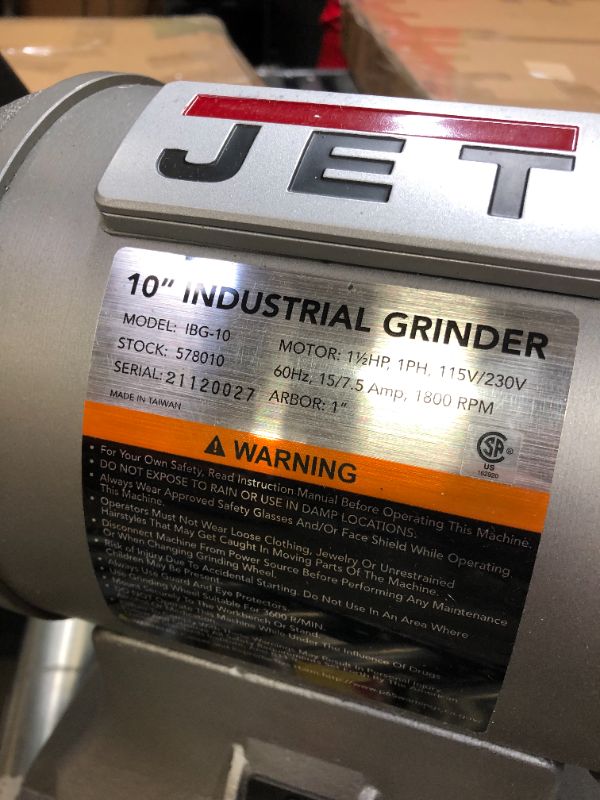 Photo 5 of JET IBG-10, 10-Inch Industrial Bench Grinder (578010)-----MISSING THE SHEILDS AND BOTH GRINDING WHEELS NEED REPLACEING SEE PICTURE FOR REFERENCE ----
