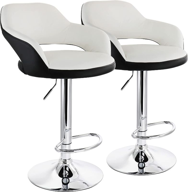 Photo 1 of ****Missing pole rod for 1 of the chairs*****Elama 2 Piece Adjustable Faux Leather Bar Stool in White with Black Trim and Chrome Base, (ELM-705)
