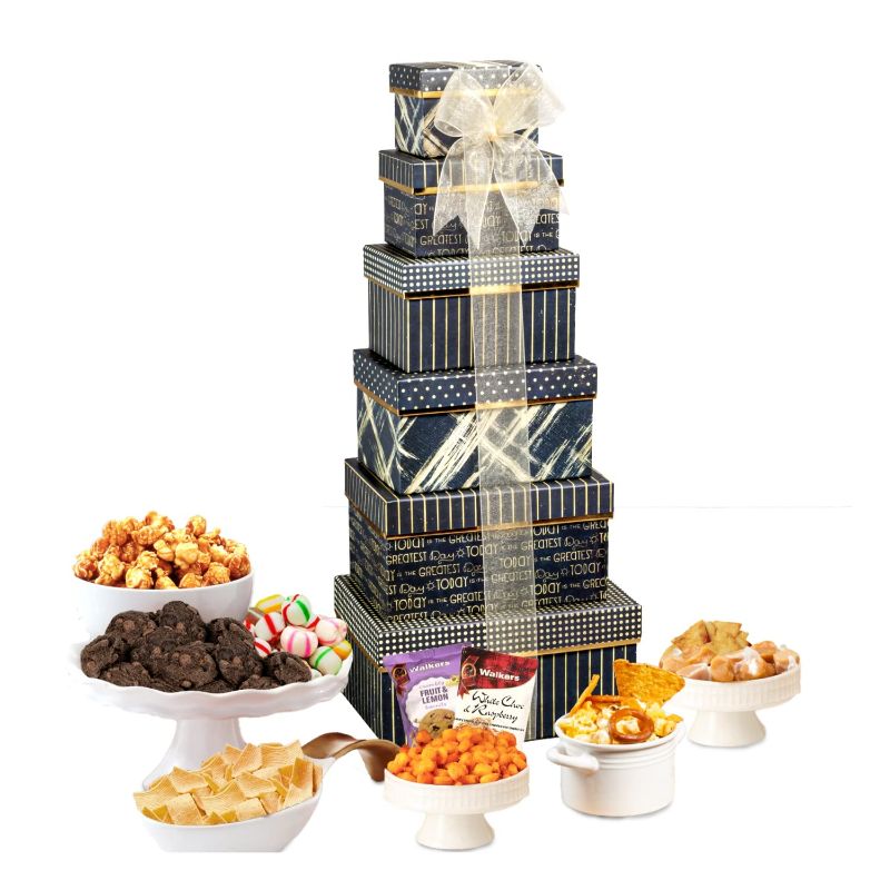 Photo 1 of Broadway Basketeers Gourmet Food Gift Basket 6 Box Tower for Birthdays – Curated Snack Box, Sweet and Savory Treats for Parties, Best Wishes, Birthday Presents for Women, Men, Mom, Dad, Her, Him, Families
