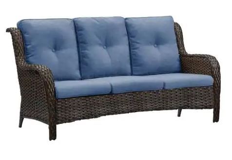 Photo 1 of Carolina Brown Wicker Outdoor Patio Sofa Couch with Blue Cushions
