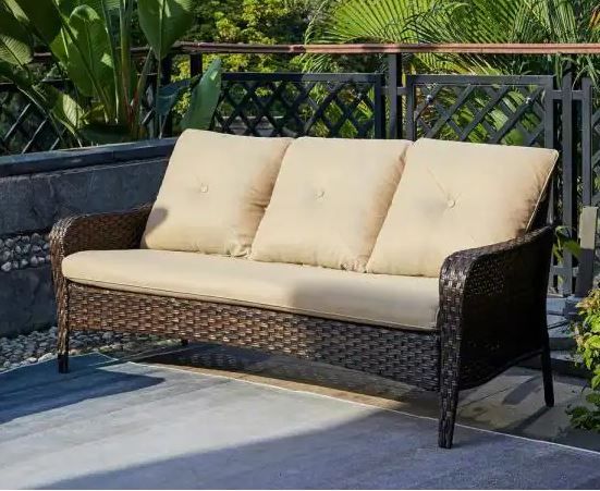 Photo 1 of Brentwood Brown Wicker Outdoor Patio Sofa Couch with Beige Cushions
