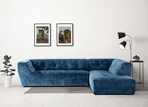 Photo 1 of Acanva Mid-Century Velvet Sectional Sofa Couch for Living Room, L-Shape 2-Piece 113”W Right Hand Facing Chaise, Blue
