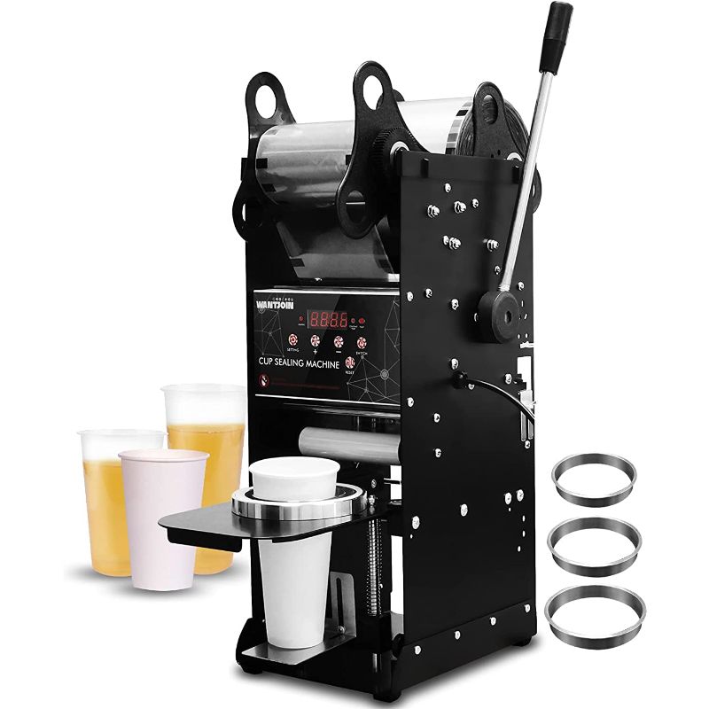 Photo 1 of WantJoin Semi Automatic Cup Sealing Machine Automatic Roll Film Cup Sealer Machine for 90/95mm Plastic or Paper Cup Bubble Tea Cup Sealing Machine Electric Cup Sealer