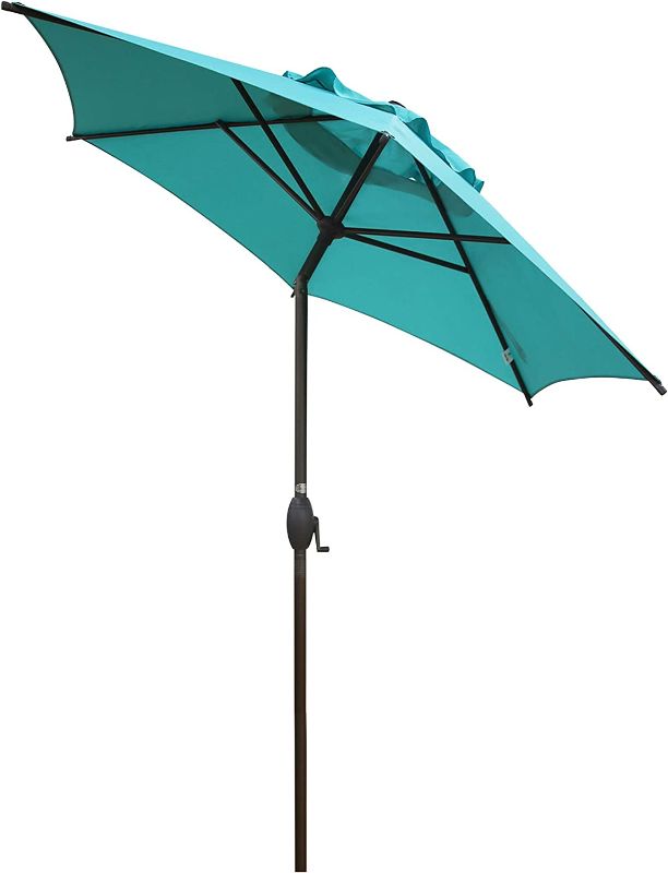 Photo 1 of Abba Patio 7-1/2 ft. Round Outdoor Market Patio Umbrella with Push Button Tilt and Crank Lift, Turquoise