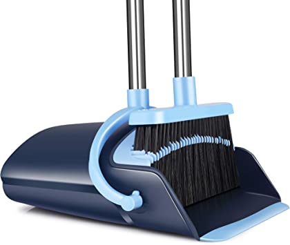 Photo 1 of Broom and Dustpan Set 2022 Outdoor Or Indoor Broom Dust Pan 3 Foot Angle Heavy Push Combo Upright Long Handle for Kids Garden Pet Dog Hair Lobby Wood Floor Sweeping Kitchen House (Blue)
