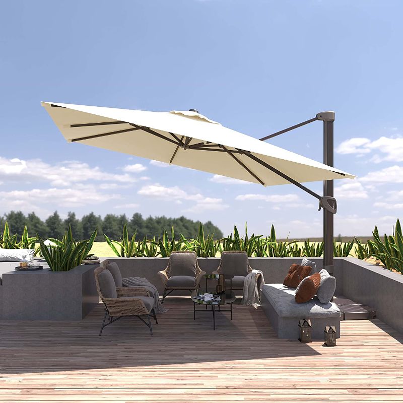 Photo 1 of BLUU REDWOOD 10 FT Square Patio Umbrella Offset Cantilever Outdoor Rectangular Umbrellas with 360°Rotation Aluminum Frame, Infinite Tilt & Solution-dyed Fabric for Pool Garden & Backyard (Cream Beige)
