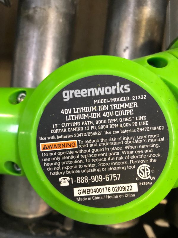 Photo 5 of Greenworks 40V 13" Cordless String Trimmer / Edger, Tool Only
