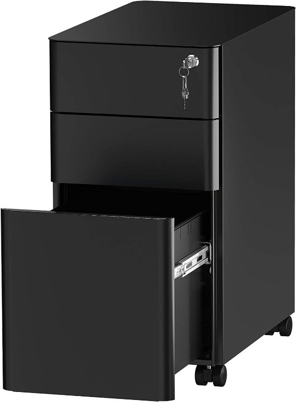 Photo 1 of YITAHOME 3-Drawer Slim File Cabinet with Lock, Mobile Metal Office Storage Filing Cabinet, Legal/Letter Size, Pre-Assembled File Cabinet Except Wheels Under Desk - Black
