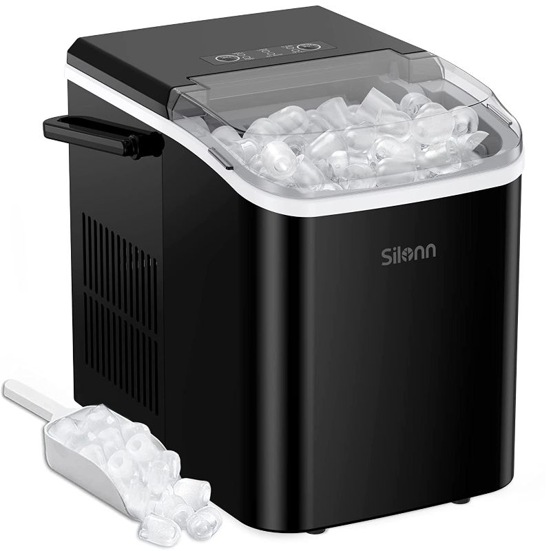 Photo 1 of Silonn Countertop Ice Maker Machine with Handle, Portable Ice Makers Countertop, Makes up to 27 lbs. of Ice Per Day, 9 Cubes in 7 Mins, Self-Cleaning Ice Maker with Ice Scoop and Basket
