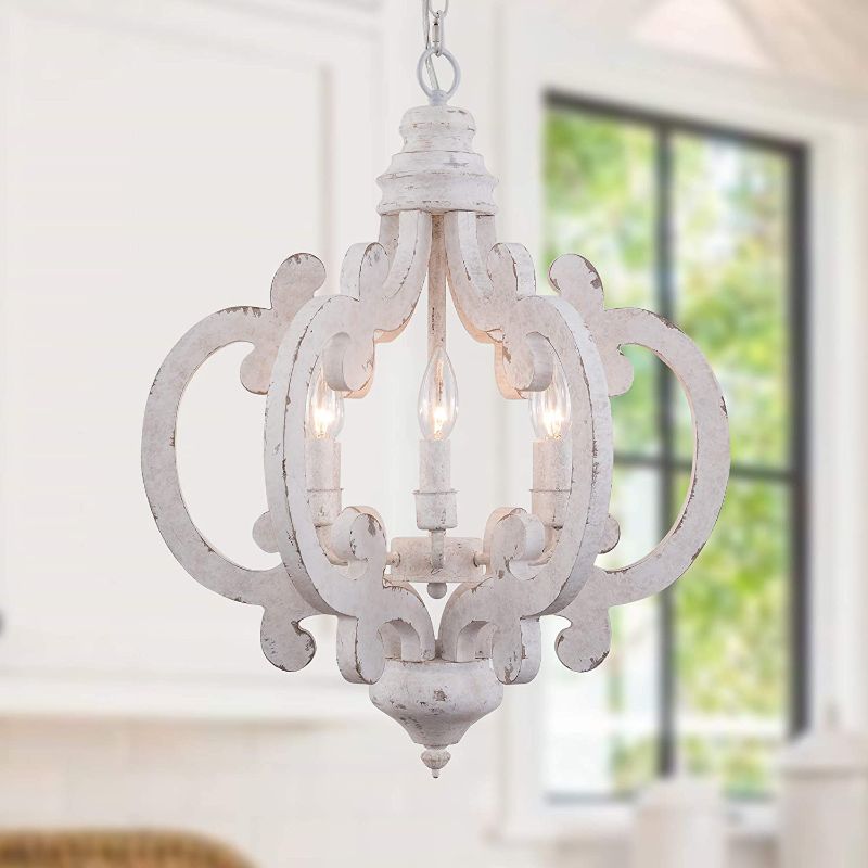 Photo 1 of Cottage Wooden Chandelier, 6 Candle Light Farmhouse Chandelier, French Country Chandeleir with Adjustable Chain for Dining Room, Kitchen,Bedroom, Foyer and Entryway
