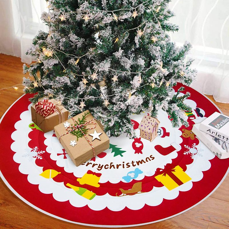 Photo 1 of 48 Inch Christmas Tree Skirt, Cute Double Layers Felt Rustic Farmhouse Xmas Holiday Decoration, Red and White Large Tree Mat for Xmas Decor Festive Holiday Party Decorations
