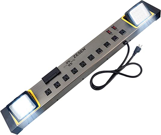 Photo 1 of ZESEN 10-Outlet Power Strip with LED Work light Surge Protector 4ft Cord with Dual Smart USB, Workshop/Garage/Office/Home, ETL Listed
