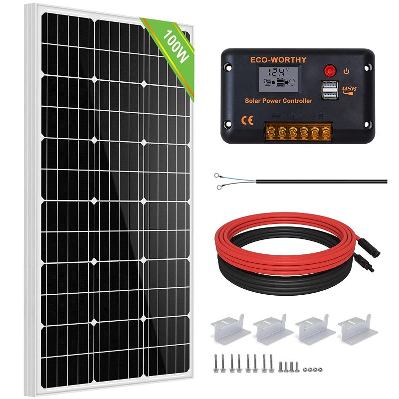 Photo 1 of ECO-WORTHY 100 Watt 12 Volt Solar Panel Kit for RV Battery Boat Trailer Cabin Garden Shed Home: 100W Solar Panel+30A PWM Charge Controller+ Tray Cable + Z Mounting Brackets
