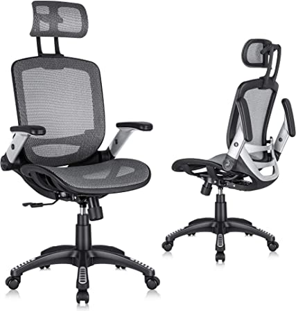 Photo 1 of Gabrylly Ergonomic Mesh Office Chair, High Back Desk Chair - Adjustable Headrest with Flip-Up Arms, Tilt Function, Lumbar Support and PU Wheels, Swivel Computer Task Chair, Grey
