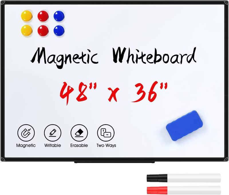 Photo 1 of Magnetic Dry Erase White Board for Wall - 48 x 36 inch Wall Mounted Magnetic Whiteboard Large - Ideal for Home to Do List, Office and School Projects - Kids Dry Erase Board with Magnetic Eraser & Pen
