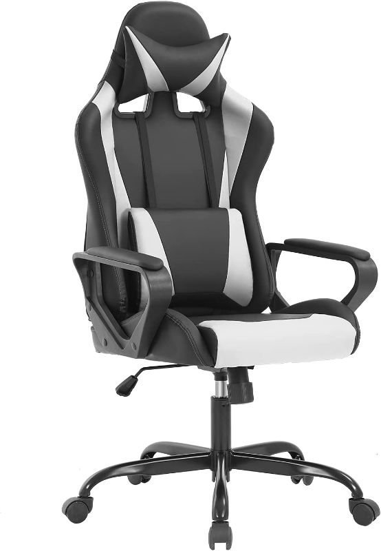 Photo 1 of Ergonomic Office Chair PC Gaming Chair Cheap Desk Chair PU Leather Racing Chair Executive Computer Chair Swivel Rolling Lumbar Support for Women&Men, White
