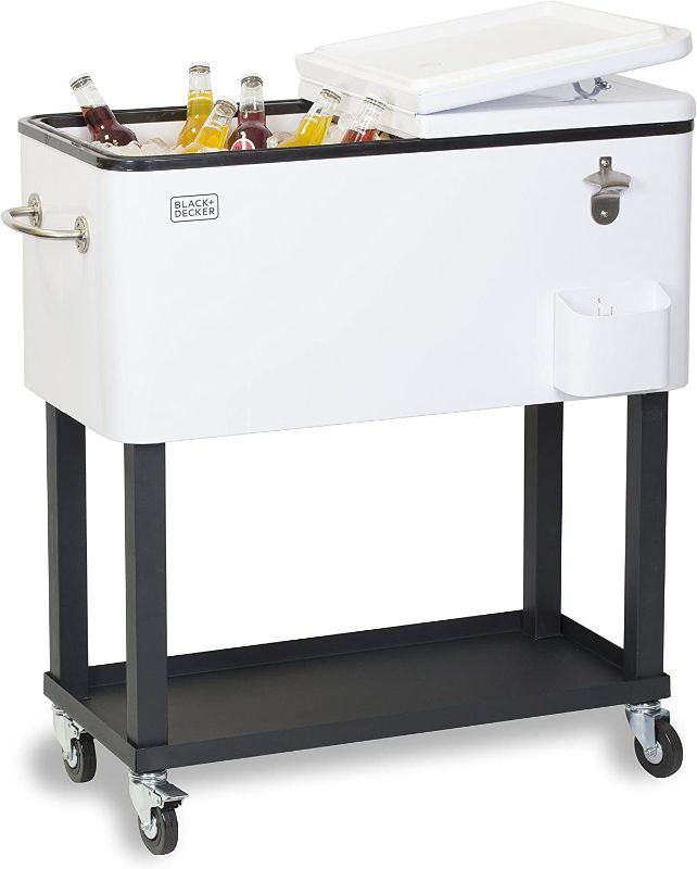 Photo 1 of BLACK+DECKER, Mobile Cooler Cart, 2 Door Seal Lid, Bottle Opener with Catch Basin, Bottom Storage Tray, 4 Rolling Wheels, White, BCC20W
