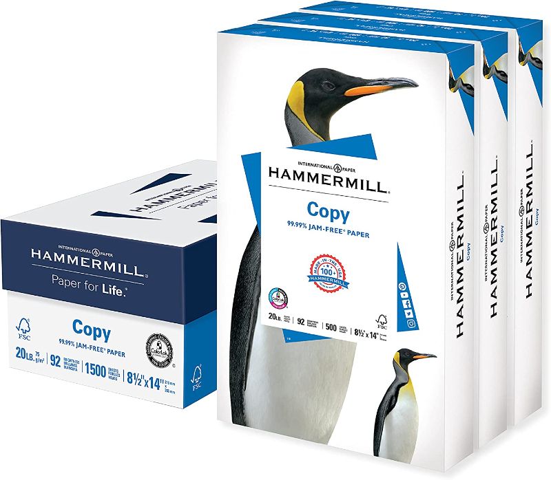 Photo 1 of Hammermill Printer Paper, 20 Lb Copy Paper, 8.5 x 14 - 500 Sheets (Pack of 8) - 92 Bright, Made in the USA