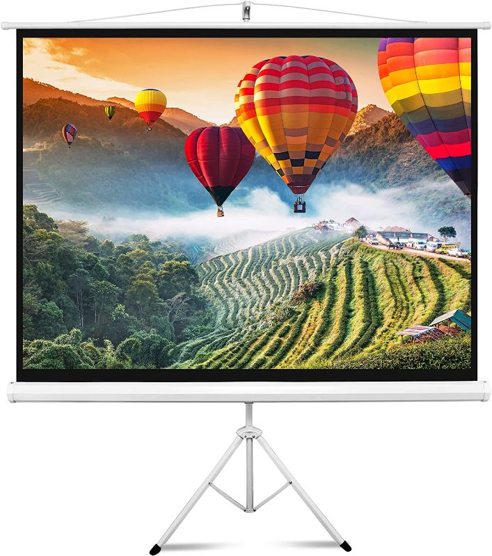 Photo 1 of Upgraded Pyle 84" Projector Screen with Floor Standing Portable Fold-Out Roll-Up Tripod Manual, Mobile Movie Screen, Home Theater Cinema Wedding Party Office Presentation, Quick Assembly (PRJTP84)
