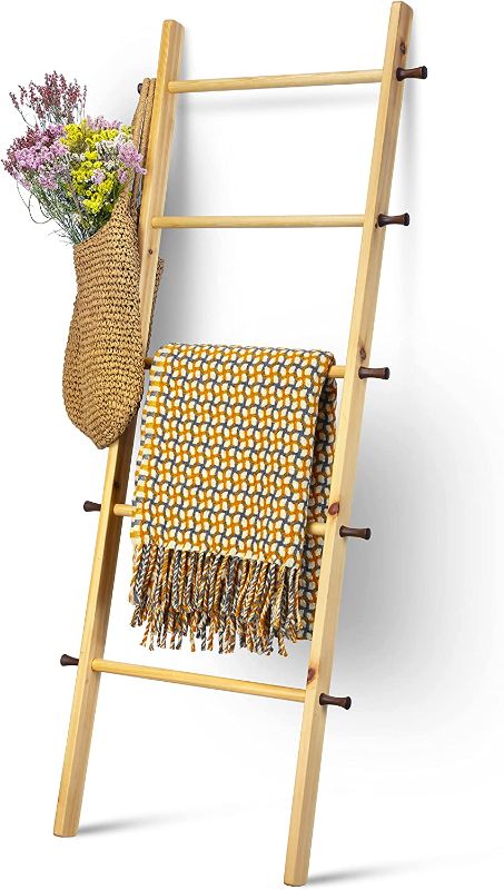 Photo 1 of 5 Ft Wooden Blanket Ladder - Quilt Ladder for Bedroom | Wood Ladder Decor | Decorative Ladder for Blankets - Easy to Assemble | Wooden Ladder for Blankets | Farmhouse Ladder Blanket Holder
