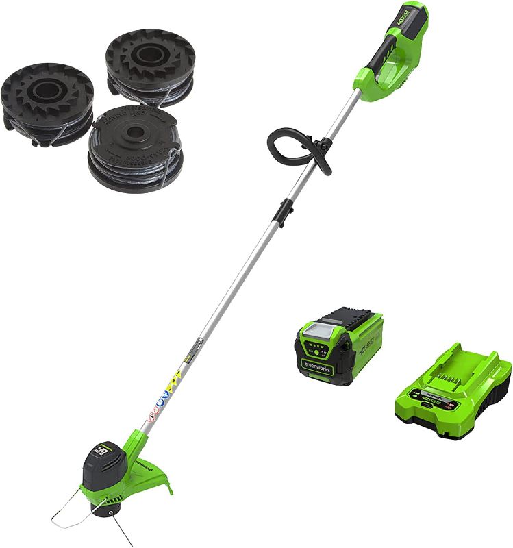 Photo 1 of Greenworks 40V 12 in. Front Mount String Trimmer with 2Ah Battery and Charger, 2101602 & 065-Inch Dual Line String Trimmer Replacement Spool 3-Pack 2900719
