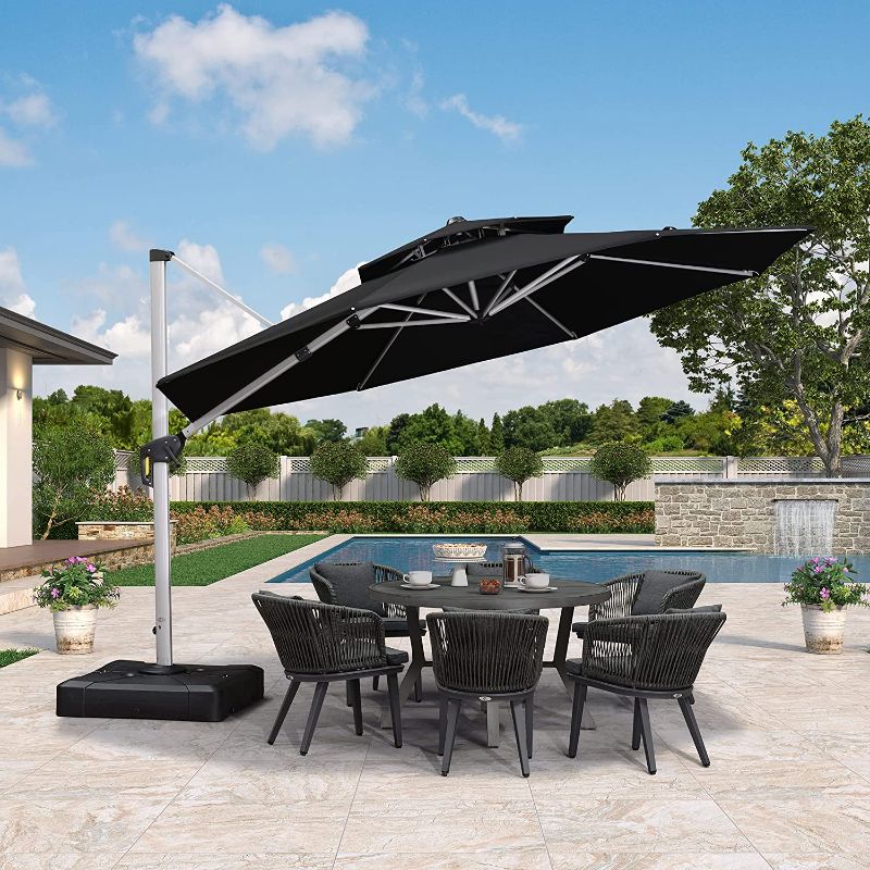 Photo 1 of (BASE NOT INCLUDED) PURPLE LEAF 12 Feet Double Top Round Deluxe Patio Umbrella Offset Hanging Umbrella Outdoor Market Umbrella Garden Umbrella, Black(FACTORY SEALED)
