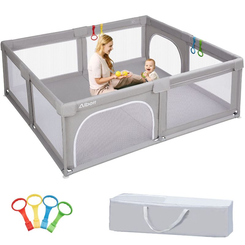Photo 1 of Albott Portable Baby Playpen for Babies and Toddlers- Extra Large Baby Playards, Anti-Fall Infant Safety Activity Center-Fine Linen Cloth(Light Grey, 71"x59")

