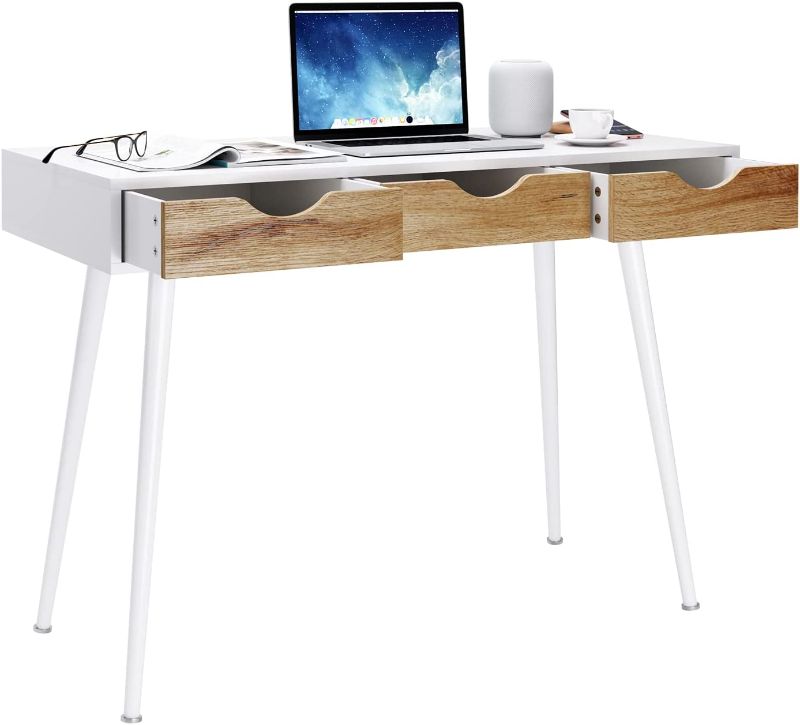 Photo 1 of soges 43 inches Modern Computer Desk Office Desk with Drawers, Workstation Desk Writing Desk Modern Desk White GCBG1016
