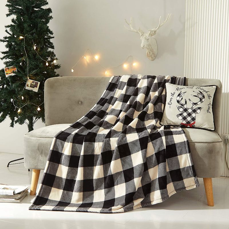 Photo 1 of Dearfoams Through The Woods Cozy 2 Piece Gift Set with Black and White Buffalo Check Oversized Royal Plush Throw and Embroidered Pillow

