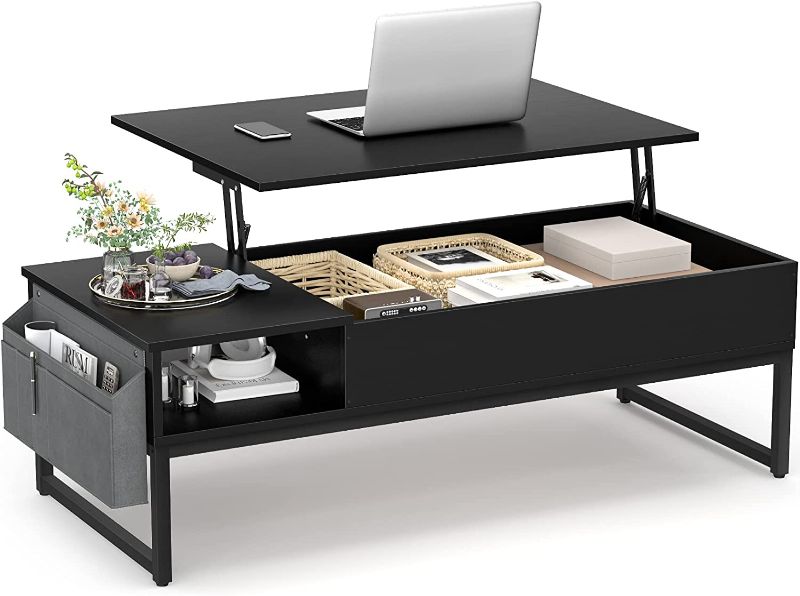 Photo 1 of Aheaplus Lift Top Coffee Table with Storage, Wood Lifting Top Central Table Metal Frame, 43.3" Lift Tea Table with Side Pouch, Cocktail Table Modern Pop up Adjustable Table for Living Room, Black
