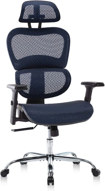 Photo 1 of Ergonomic Office Chair, High Back Mesh Chair Computer Desk Chair with Lumbar Support and 3D Adjustable Headrest and Armrests for Home Office, Conference Room, Reception Room, Gaming Room (Blue)
