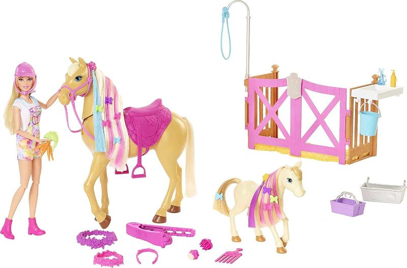 Photo 1 of Barbie Groom 'n Care Horses Playset Doll , 2 Horses & 20+ Grooming and Hairstyling Accessories, Gift for 3 to 7 Year Olds [Amazon Exclusive]
