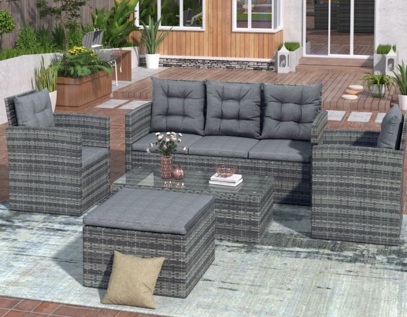 Photo 1 of 5-piece Outdoor UV-Resistant Patio Sofa Set with Storage Bench All Weather PE Wicker Furniture Coversation Set with Glass Table, Gray