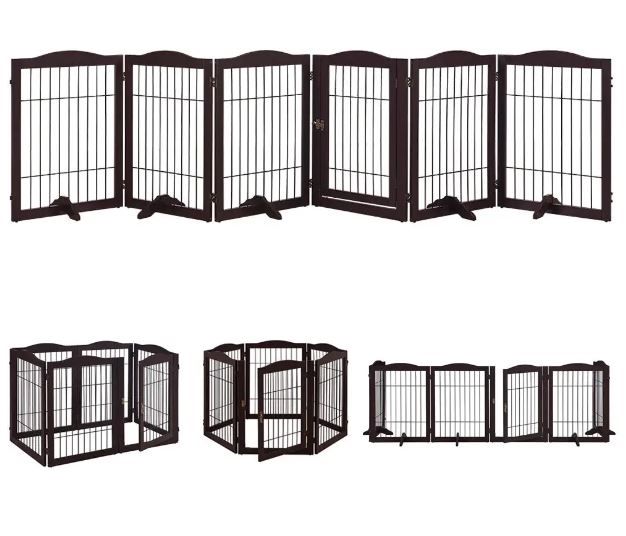 Photo 1 of beeNbkks Pet Playpen with Wire, Extra Wide 6 Panels Freestanding Wooden Dog Gate with Walk Through Door and 5 Support Feet, Foldable Pet Exercise Pen
