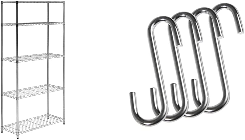 Photo 1 of 5-Tier Chrome Heavy-Duty Adjustable Shelving Unit with 200-lb Per Shelf Weight Capacity & SHF-04055 S-Hooks for Urban Shelving Units, 4-Pack, Chrome, 1.5Lx 2.5W x 0.17H
